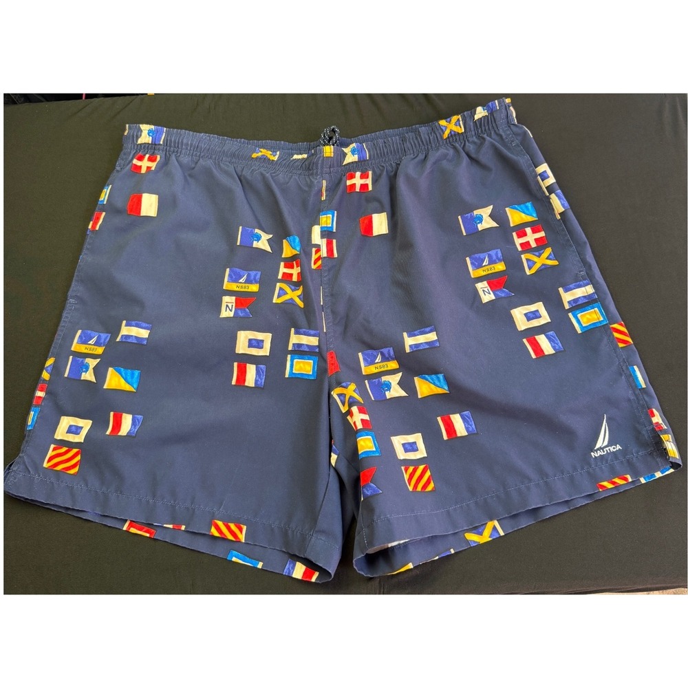 Nautica Mens Large Navy Blue Signal Flag Swim Trunks Mesh Lined Pockets Nautical
